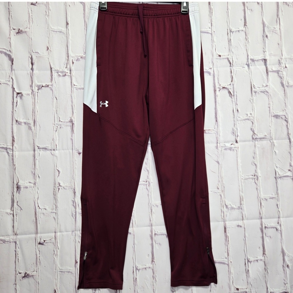 Under Armour Track Pants Maroon White Stripe Ankle Zip Athletic Mens Medium